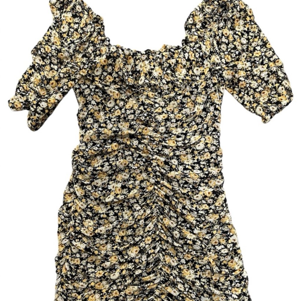 Astr Floral Dusty Ruffle Neck Ruched Dress